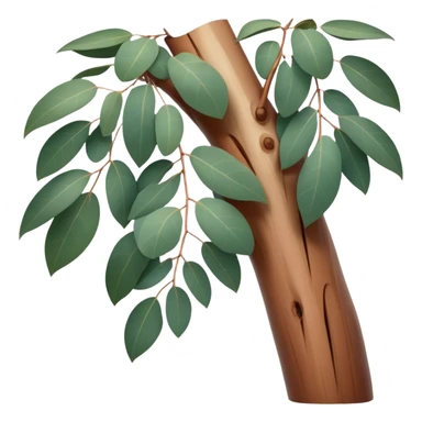 Cinematic Realistic Eucalyptus Emoji, Tall and graceful, with slender trunks covered in smooth, peeling bark and large, fragrant leaves. The eucalyptus trees sway gently in the breeze, releasing a calming aroma that fills the air. Soft glowing outline, capturing the essence of rugged beauty and natural serenity in a tall eucalyptus tree! sticker