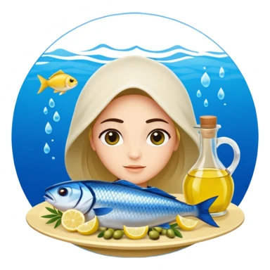 Mediterranean cuisine avatar in clean emoji-style illustration. Olive oil, fish, lemon, blue and sunny colors, light and fresh mood, flat design, high contrast. sticker