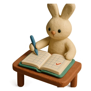 cream bunny writing in planner, standing, claymation style with matte plasticine and pastel colors sticker