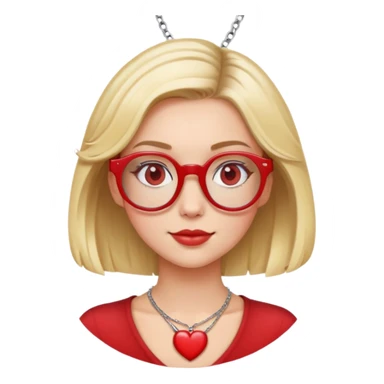 white girl head with short blonde bob hair slightly curled, red round glasses, heart necklace sticker