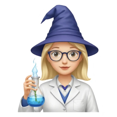 woman scientist with glasses, wearing wizard hat custome, with glass vase sticker