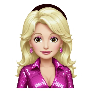 Dolly Parton with long platinum blonde hair, dark pink sequin outfit sticker
