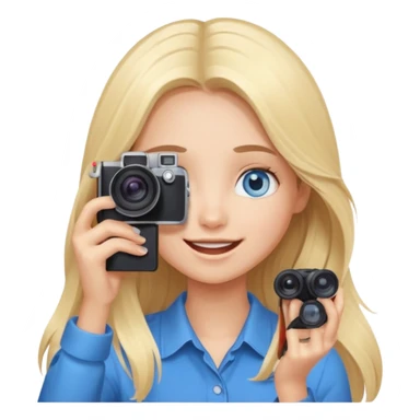  blue eyes blonde girl photographer cartoon taking picture in middle of taking picture camera in front of face long hair smiling funny flash professiona sticker