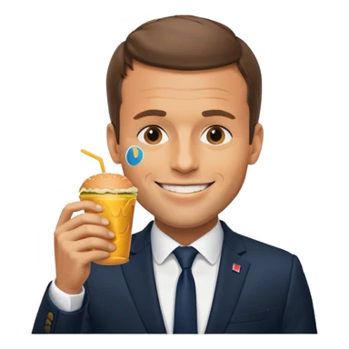 Emmanuel Macron eating a burger with a beer sticker