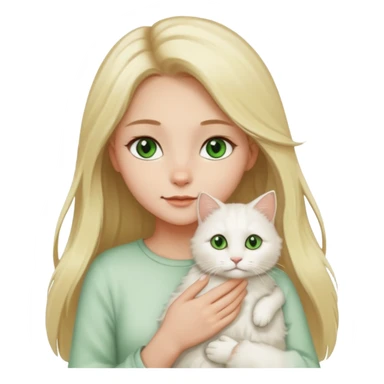 A cartoon-style digital illustration of a fair-skinned young woman with long blonde hair and brown eyes gently holding a fluffy white cat with green eyes against a white background. sticker