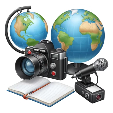 An icon showing a microphone, a notepad, and a camera, symbolizing journalism. The design includes a globe in the background, representing global news, and a breaking news banner for emphasis. Transparent background highlights the dynamic world of media and reporting. sticker