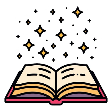 Colorful open book with magical sparkles floating above the pages sticker