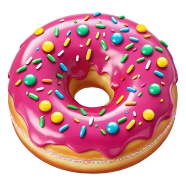 round donut covered in shiny pink glaze and rainbow sprinkles, emoji style sticker