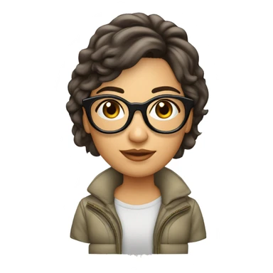 Una chica blanca, de cabello corto hasta los hombros  marrón, lentes de aviador, con un celular   sticker