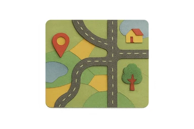 simple road map illustration, top-down view, with winding roads, intersections, and a few landmarks, paper craft style sticker