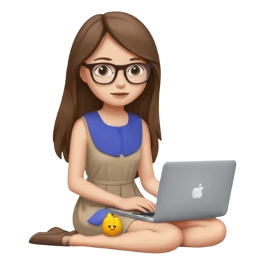Girl in glasses,brown long hair, beige dress, sitting with gray MacBook sticker