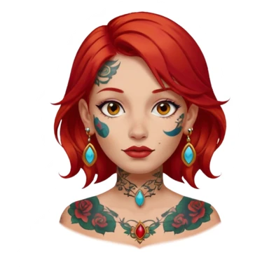 red hair woman with extra  big earring and face tattoed sticker