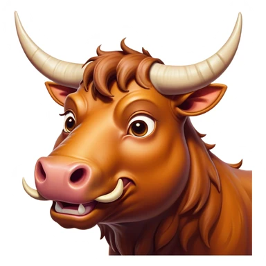 Cinematic Comical Domestic Ox Portrait Emoji, Head tilted dramatically with an exaggeratedly amused expression, featuring a striking, glossy hide with boldly curved horns and wide, expressive eyes brimming with playful disbelief, Simplified yet hilariously expressive features, highly detailed, glowing with a slightly sassy earthy glow, high shine, dramatic yet playful, stylized with an air of cheeky rural mischief, soft glowing outline, capturing the essence of a spirited and over-the-top ox that looks ready to charge its way into internet fame instantly! sticker