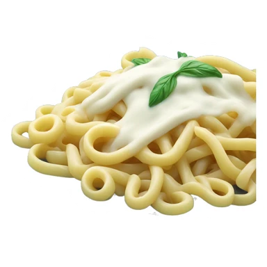 long thin pasta noodles on a blue plate with white sauce and shimp, green background sticker