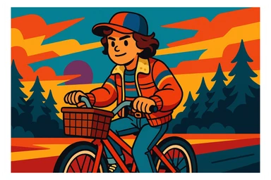 Stranger Things inspired character riding a bicycle with a basket, 1980s vibe, vibrant toon style, wide aspect ratio 16:9 sticker
