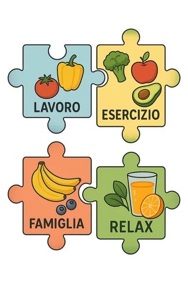 Puzzle (Lavoro, Esercizio, Famiglia, Relax), and healthy foods are integrated into each piece. in italiano sticker