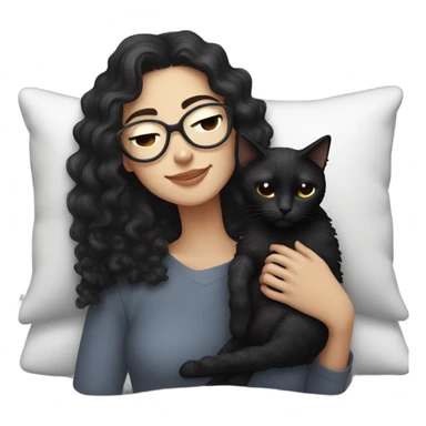 Pale white young woman with dark curly hair with glasses cuddling, sleeping with black cat sticker