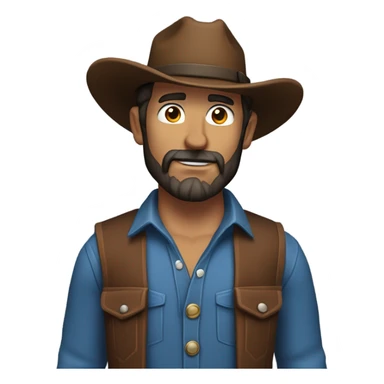 a rugged cowboy with a thick beard, wearing a blue vest over a classic western shirt and a brown belt with a silver buckle. He should have a confident stance, showing full torso sticker