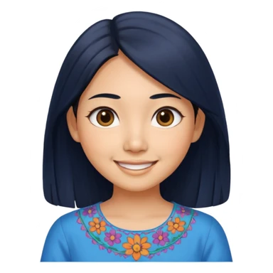 30 yr old asian woman center parted hair big eyes big smile tanned skin straight black hair hippie part hair blue blouse sticker