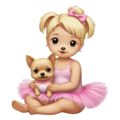 Blonde small dog sitting next to baby wearing a tutu sticker