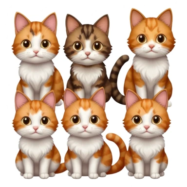 3 different coloured small cats including a dark brown tabby and white, and a patchy calico, and a ginger and white sticker