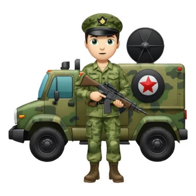 Full body of a dark haired blue eyed army man with radar truck weapon and wearing green camo uniform  sticker