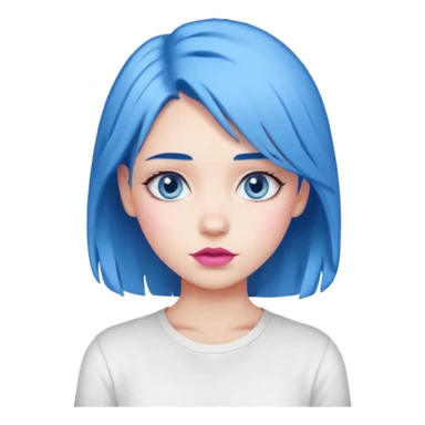 girl with blue hair to shoulders, blue eyes, pink lips, wearing a white shirt sticker