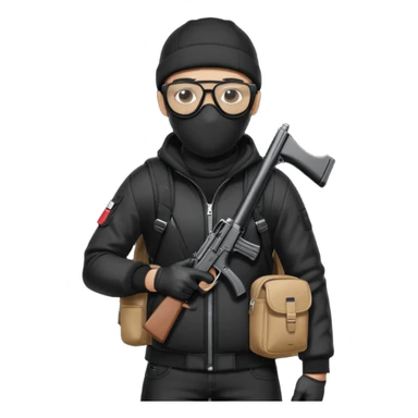 YN wearing a ski mask, holding a gun, all black fit, black jeans, Sprayground bookbag, confident stance with glasses sticker