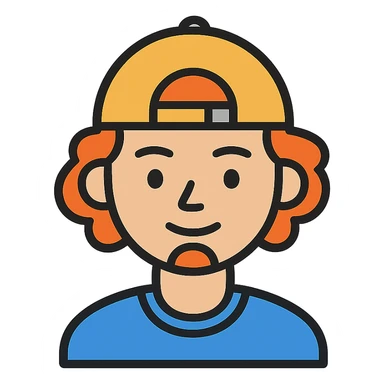 A boy with a backward cap, curly orange hair, and a goatee sticker