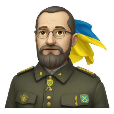 Mikhailo Hrushevsky with the flag of Ukraine and the universal (proclamation) sticker