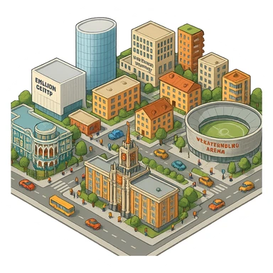 Изометричная миниатюрная фотореалистичная 3D модель Екатеринбурга - Дом Севастьянова, Ельцин-центр, Уральский федеральный университет, дома, Екатеринбург Арена, Штаб-квартира Русской медной компании, Здание Свердловского городского совета народных депутатов, четкие линии, яркие цвета, мультяшный реализм, люди, автотранспорт, компактная композиция, вид сверху в изометрии, прозрачный фон sticker