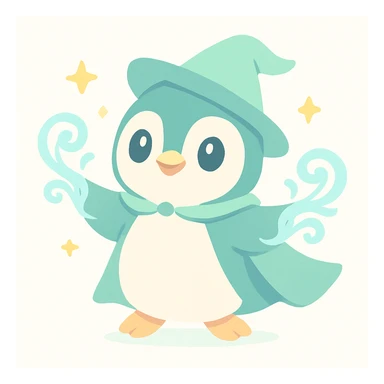 heroic penguin wizard with a flowing cape, icy blue magic swirling from its flippers sticker