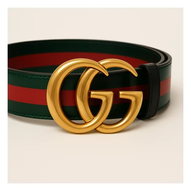 Change the belt band to green, black, and red stripes, keep the gold GG buckle and luxury look, maintaining a high-end fashion style. sticker