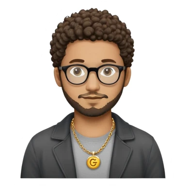 Hombre latino piel marron claro, cara estirada ovalada, gafas redondas oscuras, barba corta, pelo corto rizado. Sonrisa leve, expresión tranquila. Camiseta gris, jacket negro abierto, collar G dorado sticker