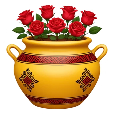 Yellow ceramic pot with red roses; the pot is decorated in an ethnic style. sticker