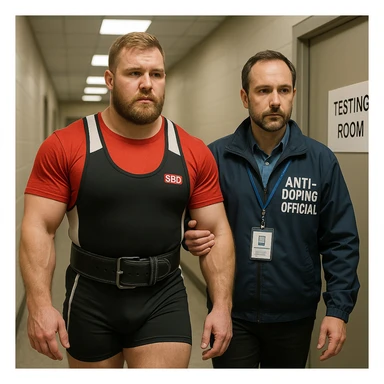European powerlifter in competition clothing escorted by anti-doping official to test room, control atmosphere, realistic details, corridor or federal area background. sticker