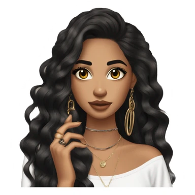 Glamorous, streetwear, black balayage hair, long wavy hair, olive skin, brown almond eyes, winged eyeliner with big lashes, wearing hooped earrings, rings and bracelets, almond fake nails sticker
