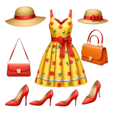 Icon for Fashion Design: a pattern of a bright, beautiful dress with measurements, a ruler, and pencil, along with a hat, shoes, and a handbag. The icon should represent fashion design with attention to detail and style. Transparent background. sticker