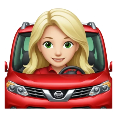 A Smiling Green Eyed, Long Haired Blonde driving a RED NISSAN ROGUE SUV sticker