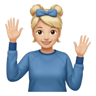 50 year old blonde woman with bun in casual clothes and sweat shirt waving sticker
