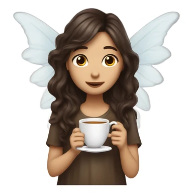 Fairy with long dark brown wavy hair dj-ing and drinking tea with long angel wings sticker