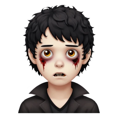 Boy, zombie, black curly wavy hair with bangs, short , round shaped hair, emo, dark, spooky, bored expression sticker