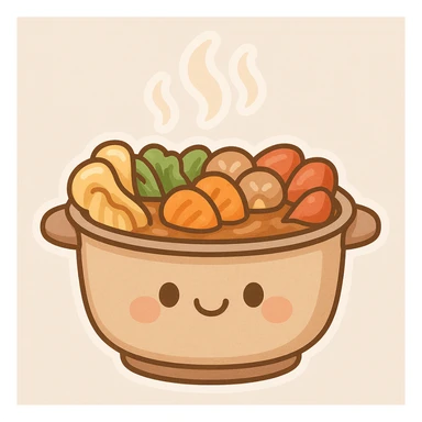 cartoon style hotpot with a smiling face on the pot, steam rising sticker