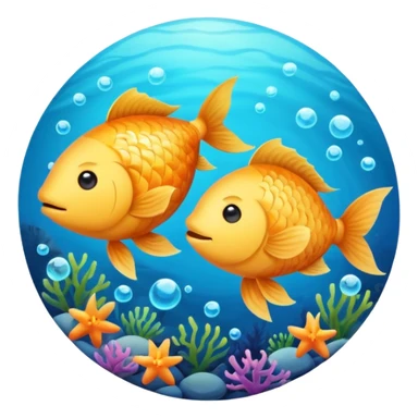 Make an emoji with two fish as pisces from horoscope, make them look very cute and emoji like. In a circle, from top down view sticker