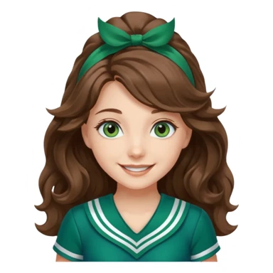 A pretty girl with blue eyes, brown long wavy hair, qnd wear green Hawkins cheerleader uniform sticker
