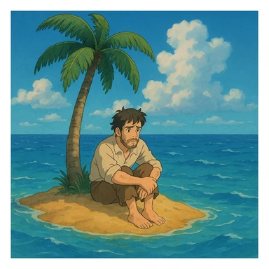 stranded man on a small island with a palm tree in ghibli style sticker