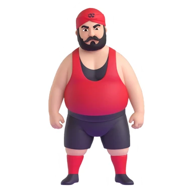 Close-up of very fat white skin guy with young face, beard and mustache, no muscle with prominent black durag, black eyes in a red and black wrestling singlet with angry face sticker