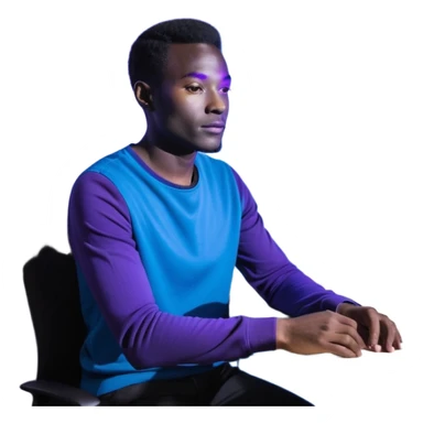 Développeur homme noir, dans un espace de coworking moderne, lumière néon bleue et violette, reflet sur son visage concentré, code affiché sur plusieurs écrans, légère profondeur de champ, ambiance professionnelle, style cinématique 4K, détails précis, peau naturelle, contraste fort. sticker