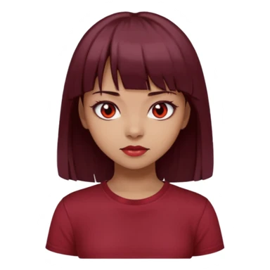 beautiful girl with dark maroon medium hair, straight bangs and red bando, red eyes and brown tshirt  sticker