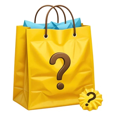yellow goodiebag with questions mark boxes stuffed in it sticker